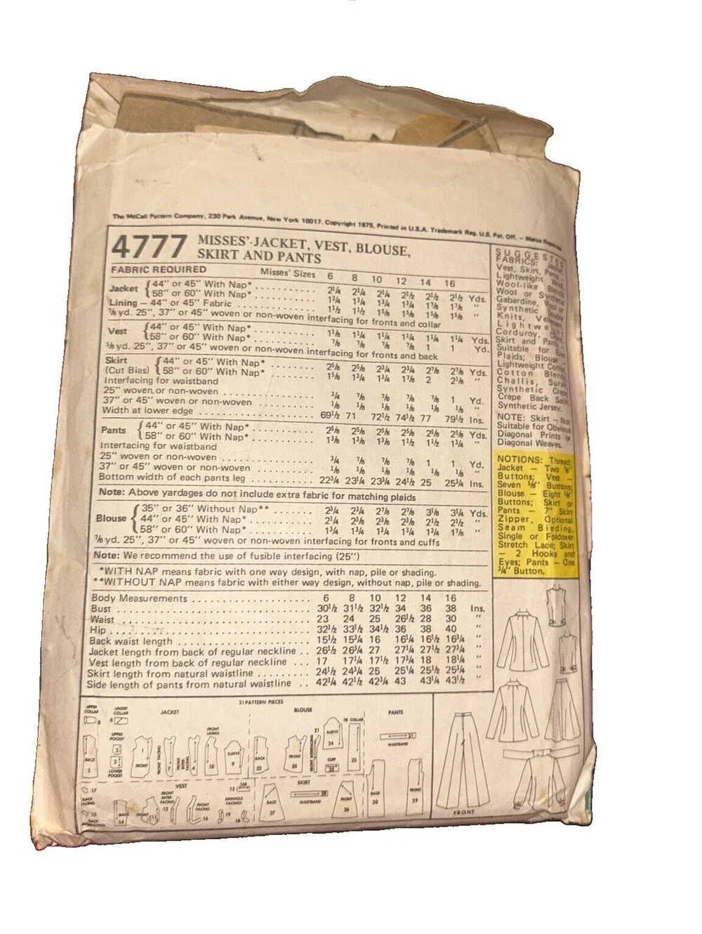 Vintage McCall’s 4777 Misses Jacket Vest Blouse Skirt Pants Pattern Sz 10 Cut